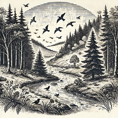 Serene Wilderness Illustration: Vintage Black and White Forest River Scene with Birds and Mountains