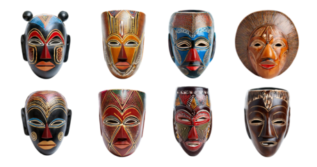 Colorful Artistic Masks Display in a Grid Arrangement, isolated on transparent background