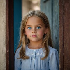 Close-up photo of a little girl with blue eyes peering through the door.