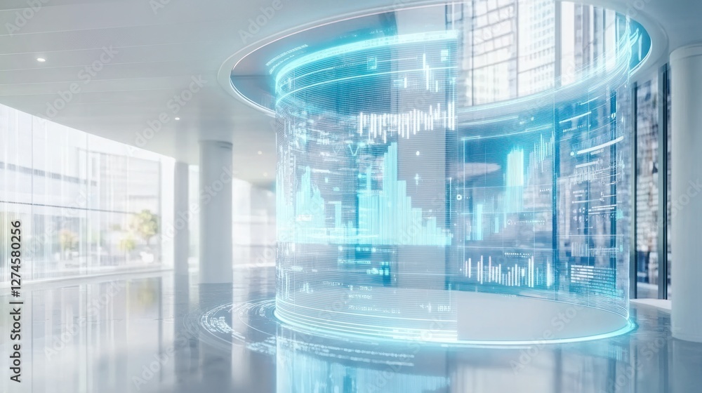 Poster futuristic data visualization displayed on a transparent cylindrical screen in a modern office lobby