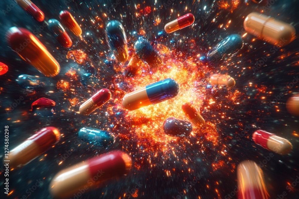 Poster a vibrant display of colorful pills explodes in a cosmic setting filled with intense energy and swir