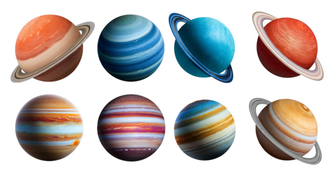 Colorful Representation of Solar System Planets and Their Unique Features, isolated on transparent background