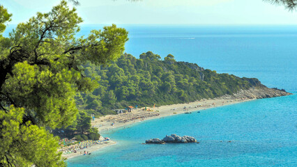 Panorama landscape of beaches, woods and sea, from the island top cliff