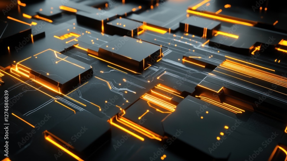 Poster abstract 3d rendering of black circuit board with orange glowing lines.