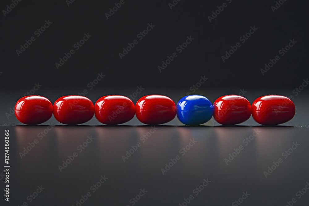 Poster seven red capsule pills are neatly aligned, with a blue pill positioned between them, creating a str