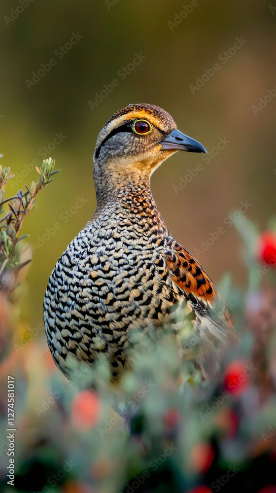 Poster hottentot teal perching amid dense bushes, blending with verdant foliage while scanning surrounding 