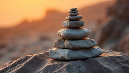 Pebble Tower. Symbol of balance, harmony, equilibrium, spiritual calm. Arrangement of stones against the backdrop of a mountain landscape. Eastern philosophy.