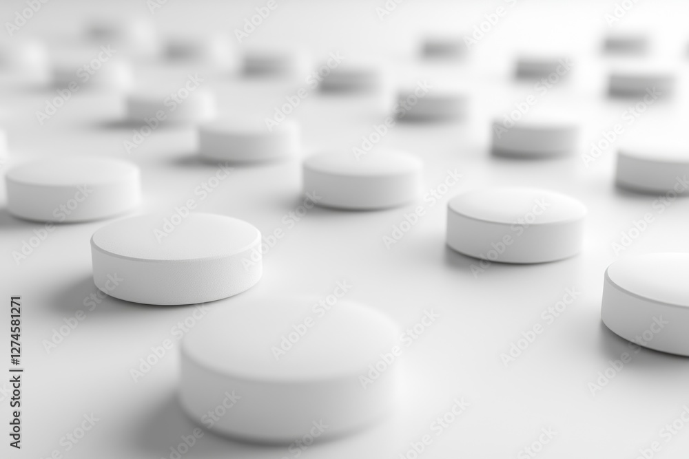 Poster white circular pills are neatly placed on a smooth white surface, creating a clean and minimalist ae