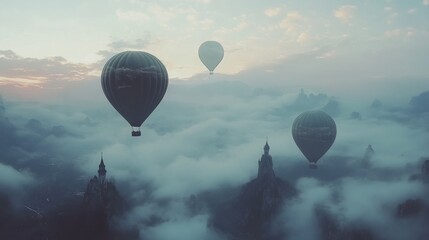 Three hot air balloons soar above a misty mountain landscape with ancient castles.