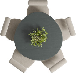 Top view of round dark wooden dining table with chairs