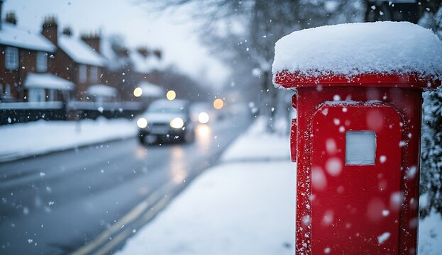 Winter Serenity: Red Postbox on a Snowy Street