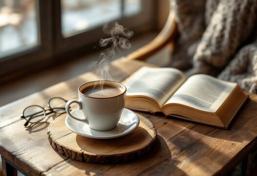 Steaming coffee, open book, and eyeglasses resting on rustic wooden table by sunny window - Powered by Adobe