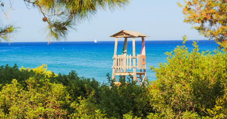 Lifeguard wooden house framed by green pines on front of blue sea