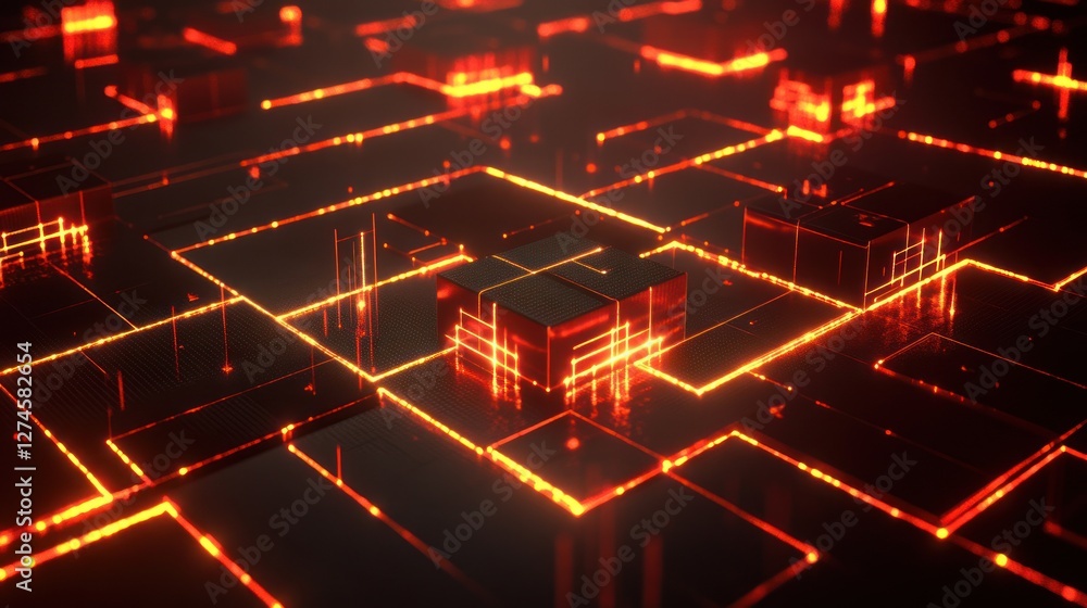 Poster glowing red cubes in a futuristic digital network.