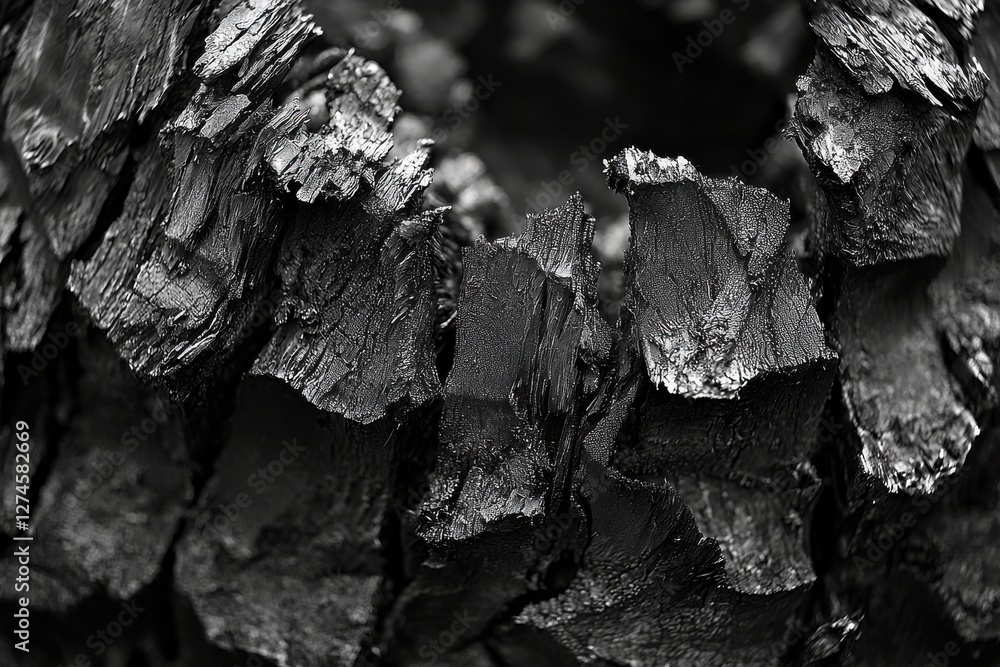 Poster an artistic, close-up, monochrome depiction of charcoal fragments, highlighting their intricate text