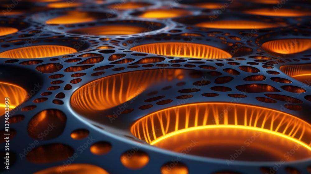 Poster abstract glowing metallic surface with repeating circular holes and orange light.