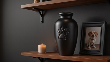 Sleek matte black pet urn with engraved paw print on wooden shelf, creating a serene tribute