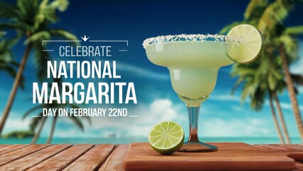 Festive margarita cocktail with lime, salt rim resting on wooden surface, blurred tropical beach scene highlighting National Margarita Day celebration