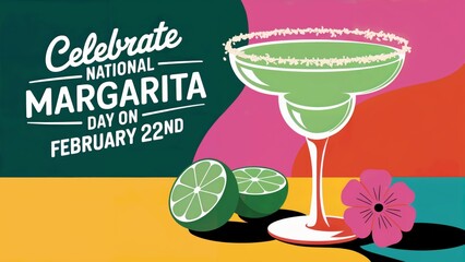Illustration of a margarita cocktail with salted rim, lime, and flower, celebrating National Margarita Day on February 22nd