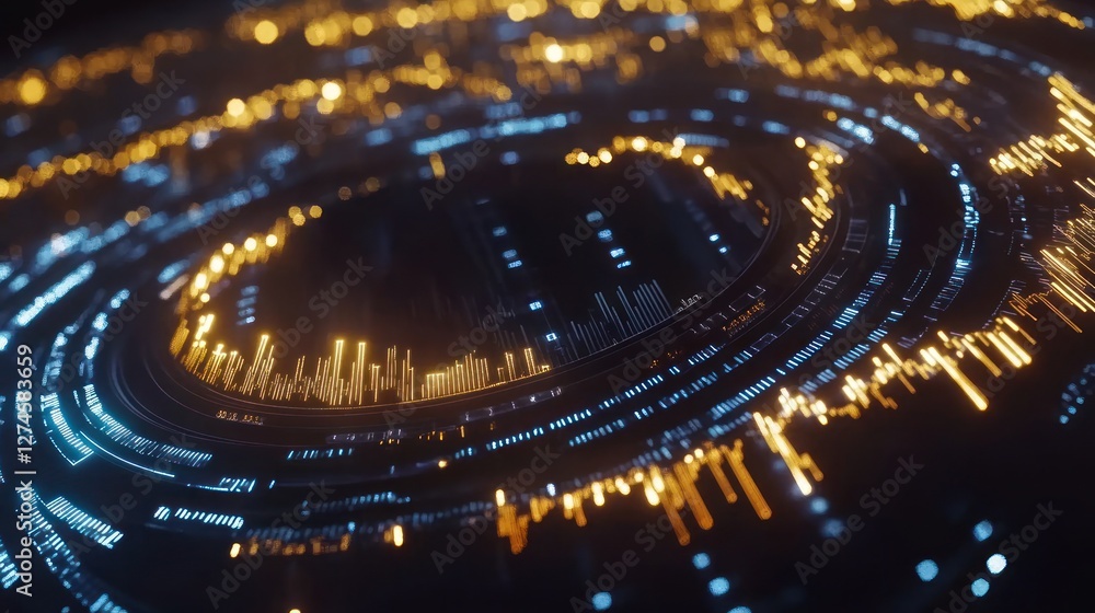 Poster abstract glowing circular data visualization with blue and orange light trails.