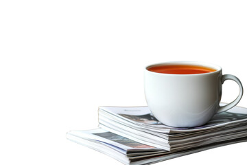 A cozy morning moment with tea and reading material on a rustic wooden table isolated on transparent background