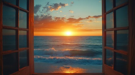 Ocean Sunset Viewed Through Open Wooden Window