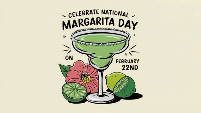Illustration of a margarita glass with lime and hibiscus flower, celebrating National Margarita Day on February 22nd