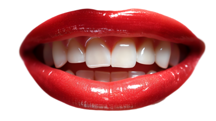 Red Lips and White Teeth Glossy Smile, Perfect Beauty for Skin Care Themes, isolated on transparent background.