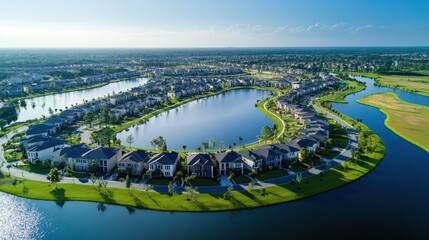 Serene Suburban Vista: An expansive aerial perspective showcases a tranquil suburban community, gracefully encircling a serene lake.