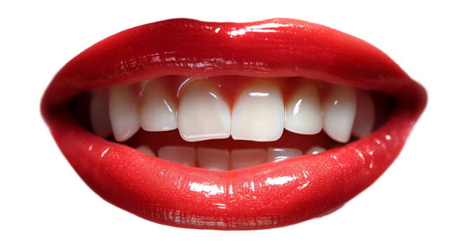 Red Lips and White Teeth Glossy Smile, Perfect Beauty for Skin Care Themes, isolated on transparent background.
