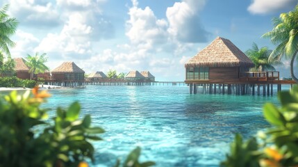 Fototapeta premium Tropical Paradise: Picturesque overwater bungalows in a tropical paradise. Experience the serenity of crystal-clear turquoise waters, swaying palm trees, and luxurious island living.