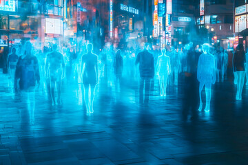 Digital blue avatar projections in urban area. Generative AI