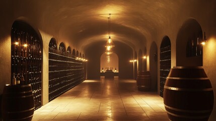 Aged to Perfection: An evocative image of a classic wine cellar, exuding timeless elegance, with rows of carefully arranged bottles bathed in soft, warm light.