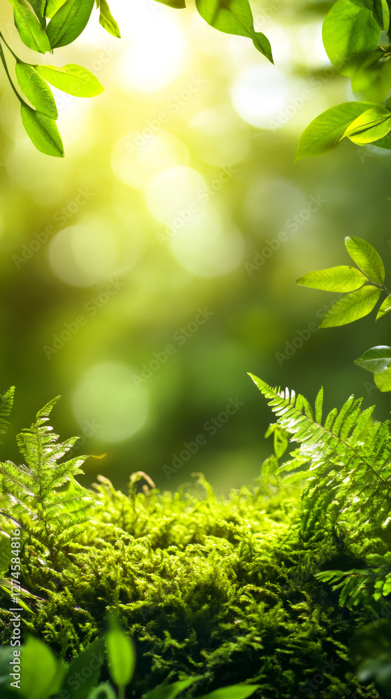 Poster sunlight filters through leaves, illuminating vibrant green moss and fern plants thriving in a seren