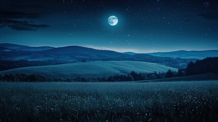 Fototapeta premium Nighttime Landscape Rolling Hills Under Full Moon And Stars