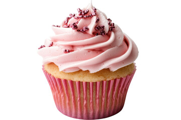 Delightful pink cupcake topped with creamy frosting and sprinkles ready for a celebratory treat isolated on transparent background
