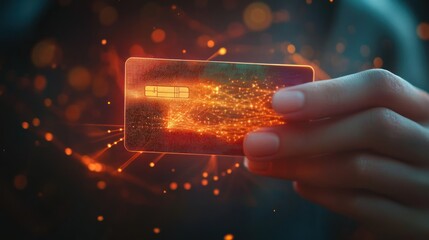 Hand holding futuristic glowing credit card.
