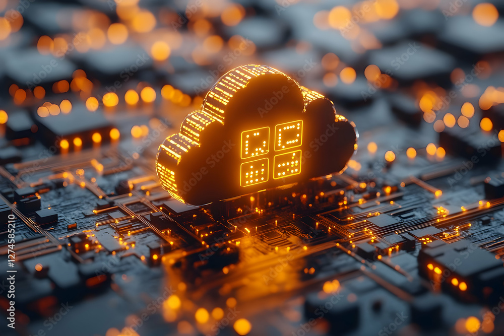 Poster cloud computing icon on circuit board with glowing lights. for tech website, cloud services presenta