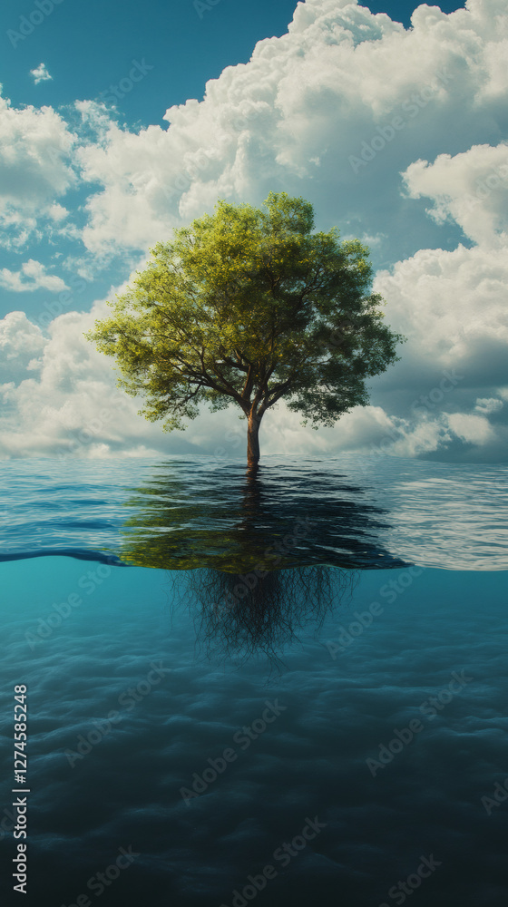 Poster Surreal image of a lonely tree with visible roots growing on water surface with cloudy sky