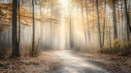 Obraz premium Autumn Path Through Misty Forest Sunlight