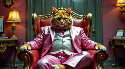 A charming cat in a glamorous pink suit reclines in a lavish throne, merging comedic flair with a regal sense of style.