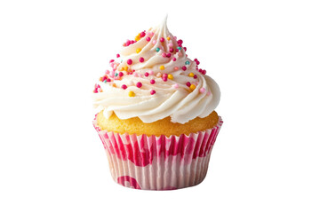 Delightful vanilla cupcake topped with fluffy frosting and colorful sprinkles on a white background isolated on transparent background
