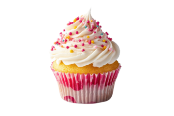 Delightful vanilla cupcake topped with fluffy frosting and colorful sprinkles on a white background isolated on transparent background