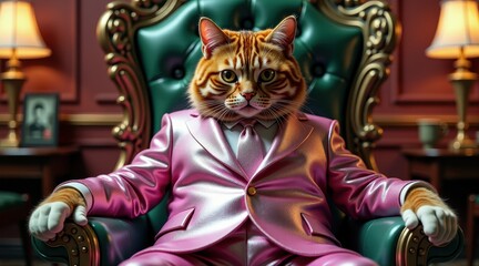 A sophisticated cat wearing a shimmering pink outfit takes center stage on a luxurious throne, radiating playful royalty.
