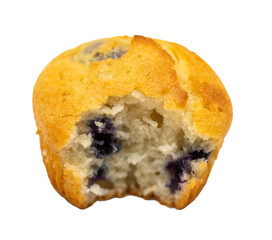 A blueberry muffin with a bite taken out of it on a transparent background
