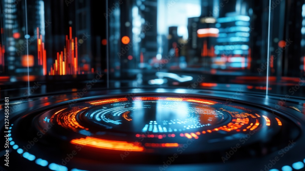 Poster futuristic city interface with glowing holographic display and data visualization.