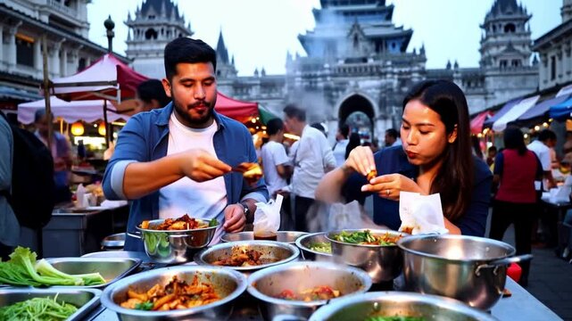Tourists eating traditional laos food in luang prabang night market