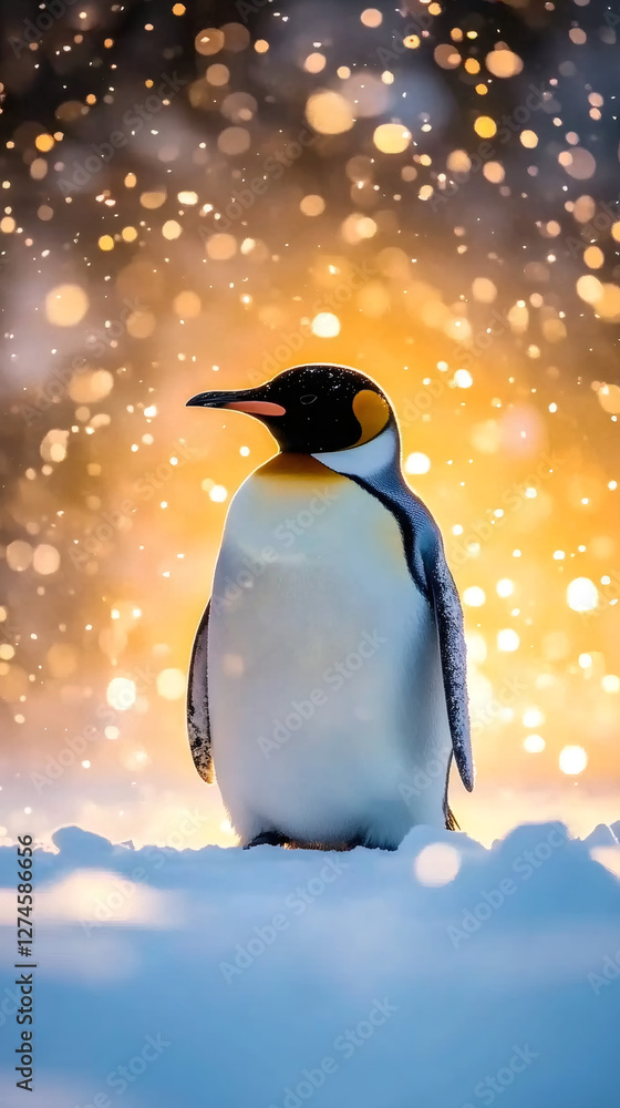 Poster emperor penguin standing in the snow with falling snow and bokeh effect in the background at sunset
