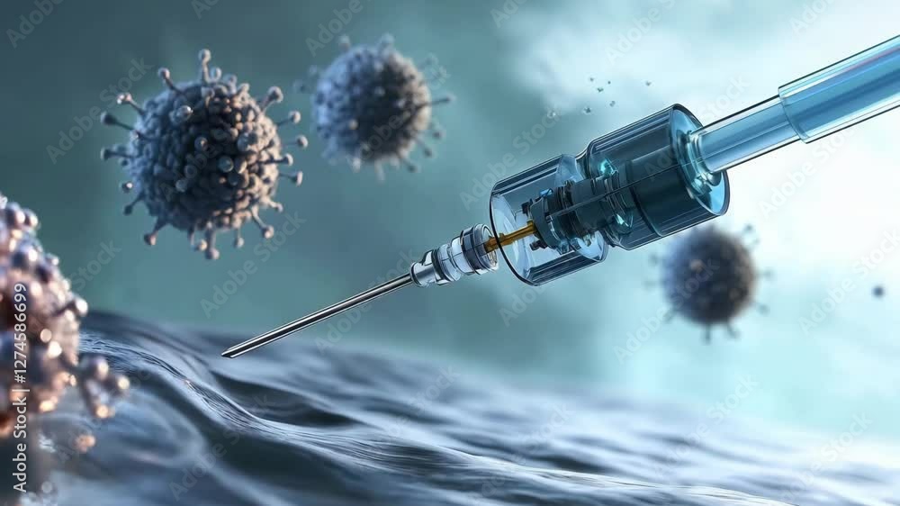 Poster a syringe filled with vaccine solution aims at floating virus particles in a laboratory environment,