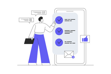 Online survey concept. Men Character giving feedback and answering questions marking checkbox in mobile form. Flat Cartoon Vector Illustration, icon. Stylish abstract